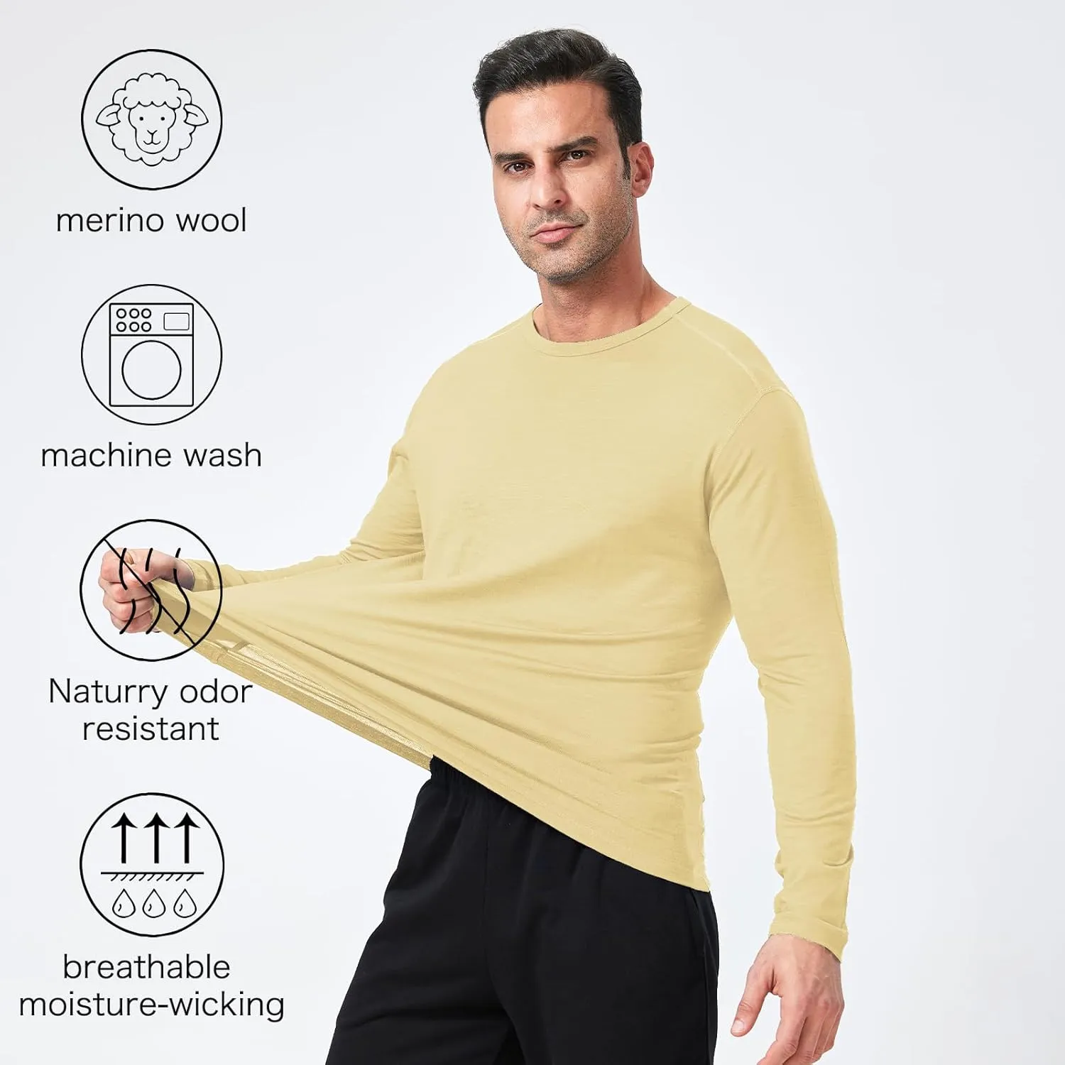 Outdoor Men's Merino Wool Quick-Drying Hiking Warm Long-Sleeved Underwear Sports ski Base top 180g