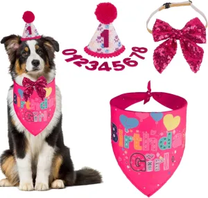 PTDECOR Dog Birthday Party Supplies, Girl Dog Birthday Hat with Numbers Pet Puppy Bandanas Hat Bow Set for Small Medium Large Dogs Pets (Pink)