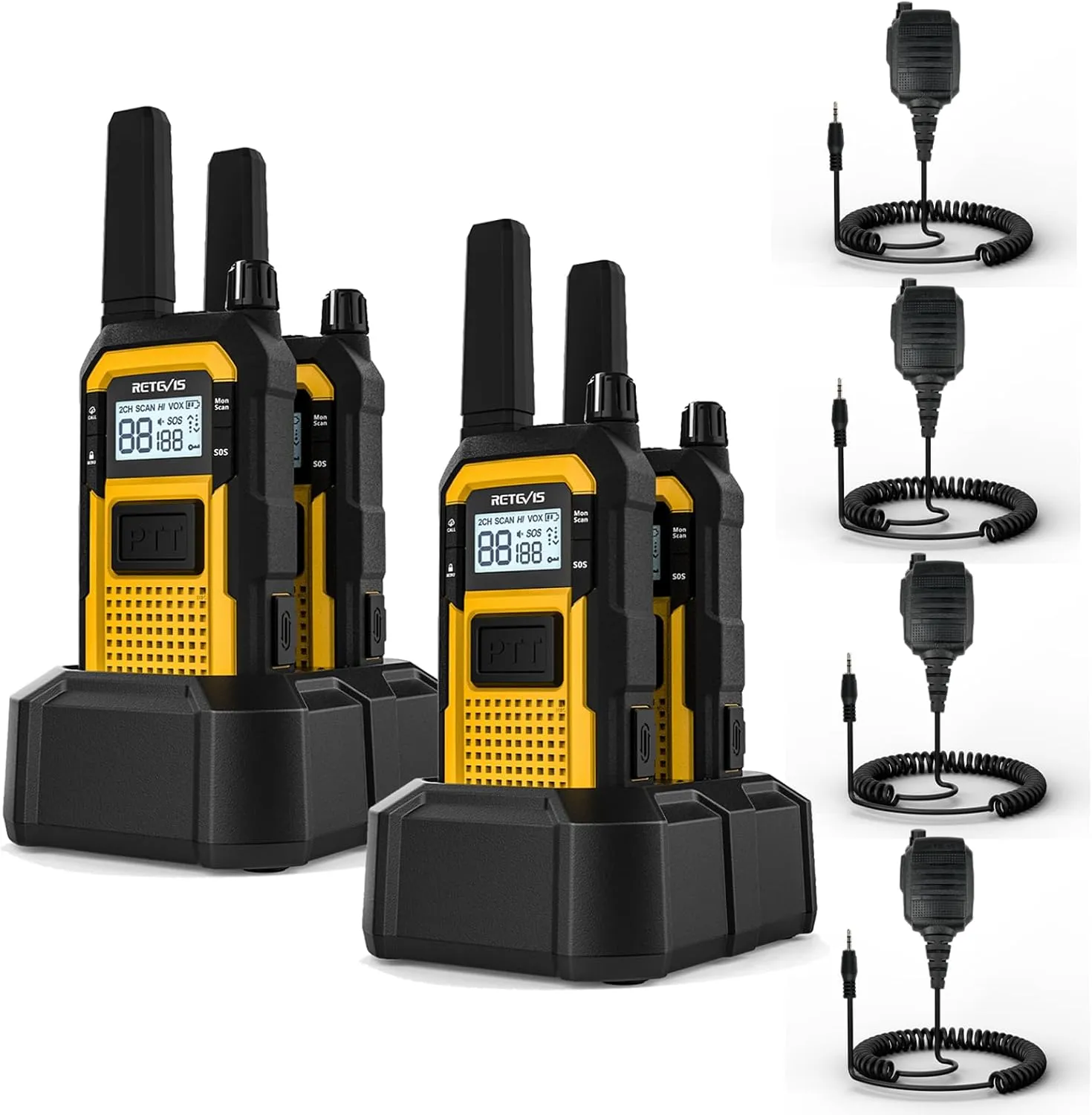 Retevis RB48 Walkie Talkies Long Range, 2 Way Radio with Shoulder Mic, IP67 Waterproof, 2000mAh, Vibration Reminder, Emergency, NOAA, Heavy Duty Two Way Radios(4 Pack)