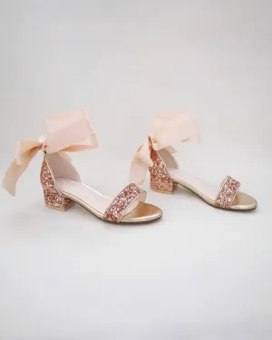 Rock Glitter Low Block Heel Girls Sandals with Wrapped Satin Tie