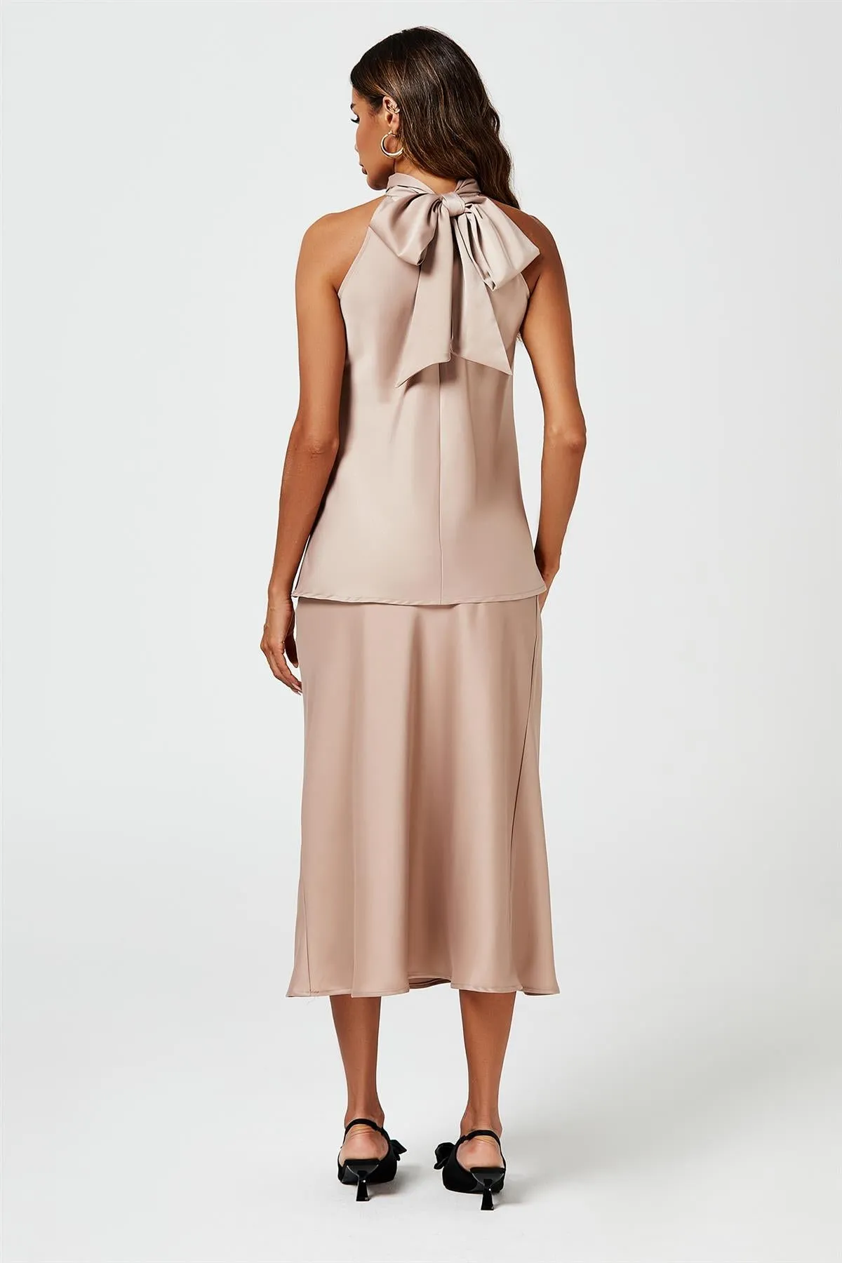 Satin Halter Neck Tie Back Top In Light Brown