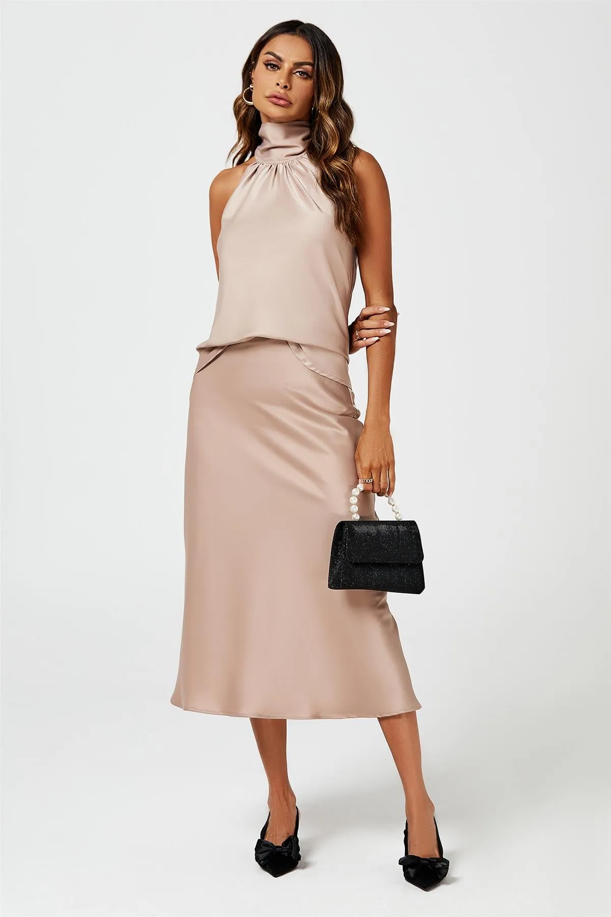 Satin Halter Neck Tie Back Top In Light Brown