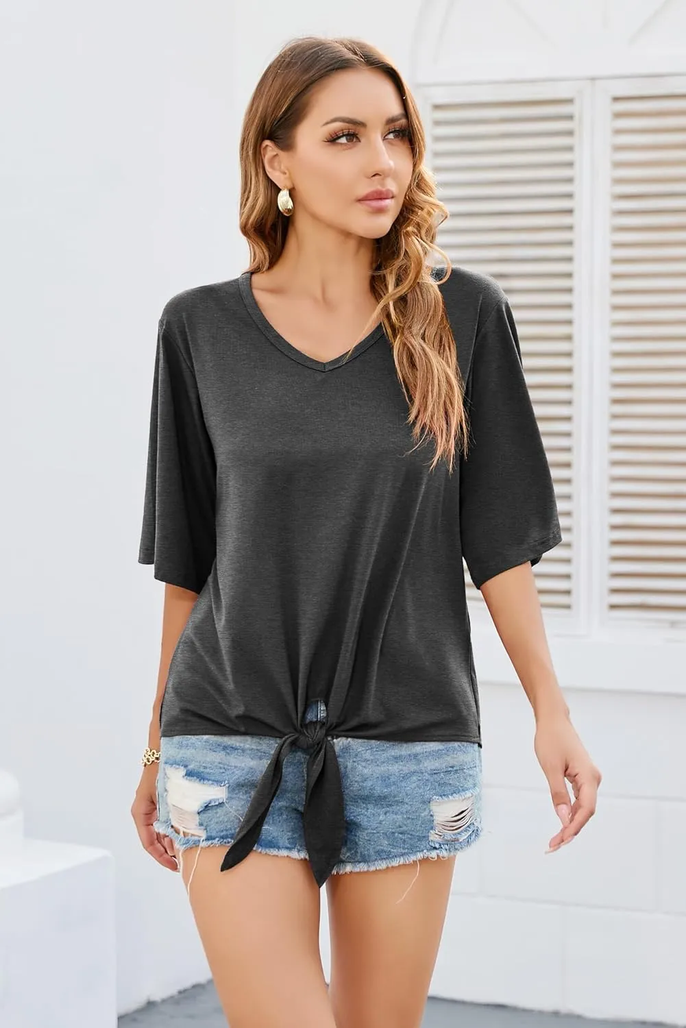 SUEANI Women's Tie Front Tops Summer V Neck 3/4 Bell Sleeve Twist Knot T Shirts