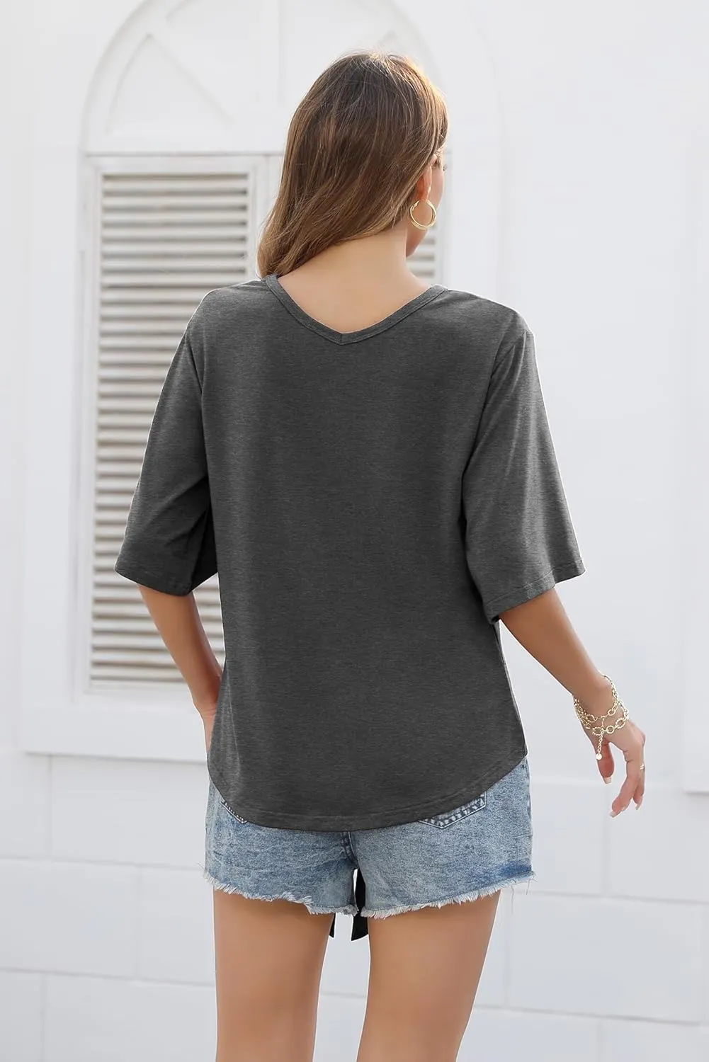 SUEANI Women's Tie Front Tops Summer V Neck 3/4 Bell Sleeve Twist Knot T Shirts