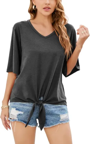 SUEANI Women's Tie Front Tops Summer V Neck 3/4 Bell Sleeve Twist Knot T Shirts