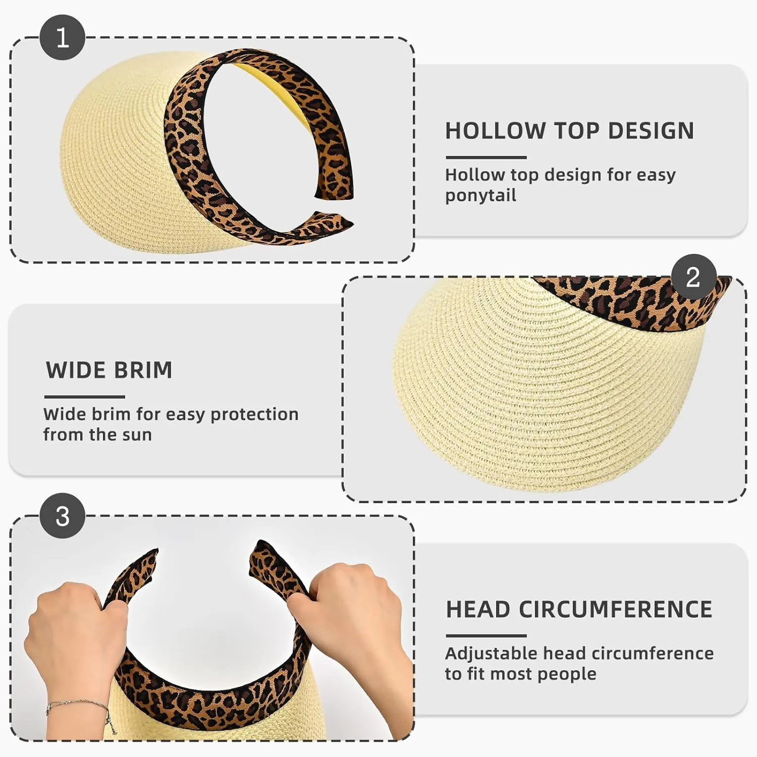 Sun Visor, Ladies Ponytail Wide Brim Straw Headband Visors, Summer Beach Travel Shade Hat with UV Protection for Women