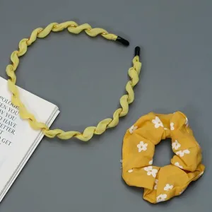 Sunshine Daisy Duo: Vibrant Yellow Twisted Headband and Floral Scrunchie Set