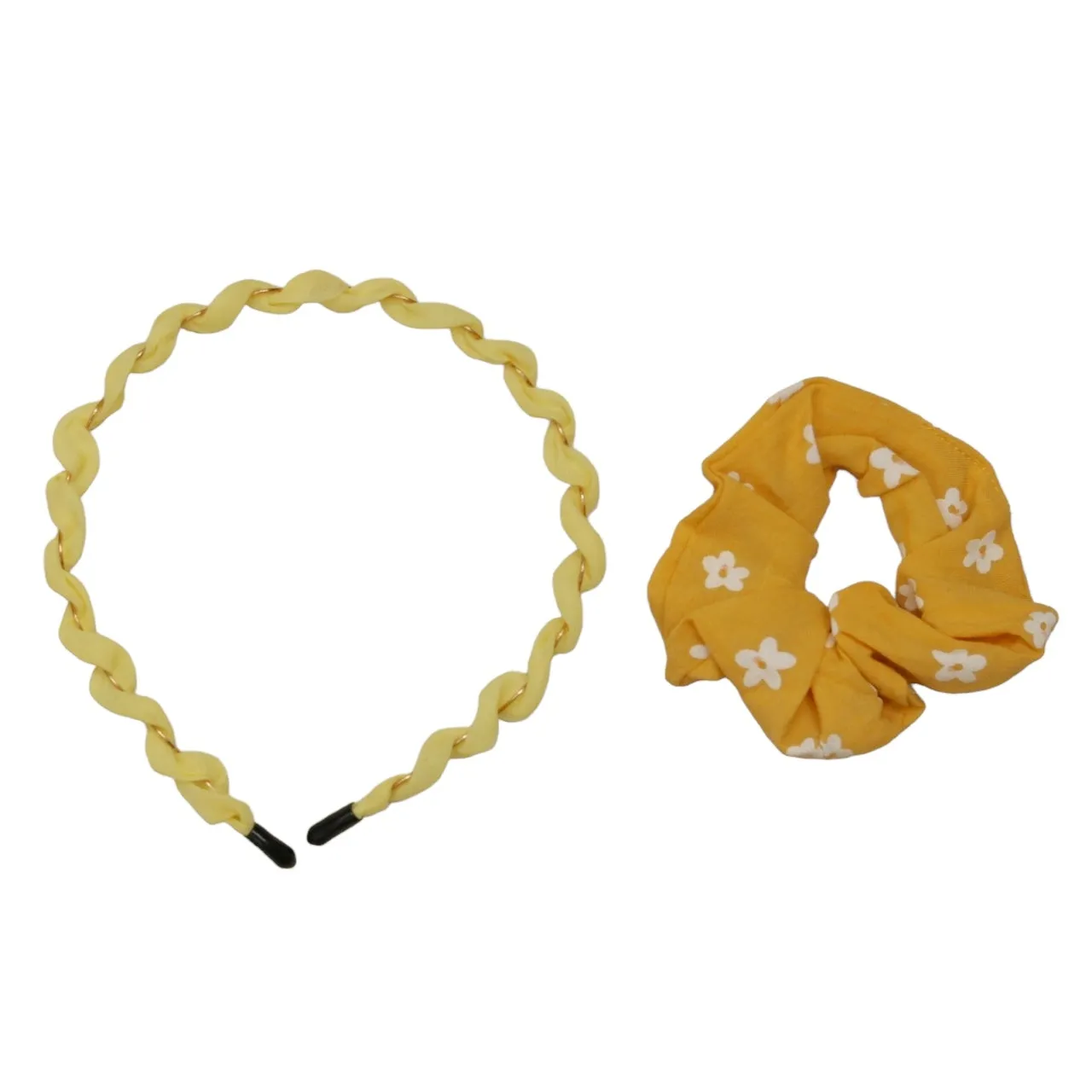 Sunshine Daisy Duo: Vibrant Yellow Twisted Headband and Floral Scrunchie Set