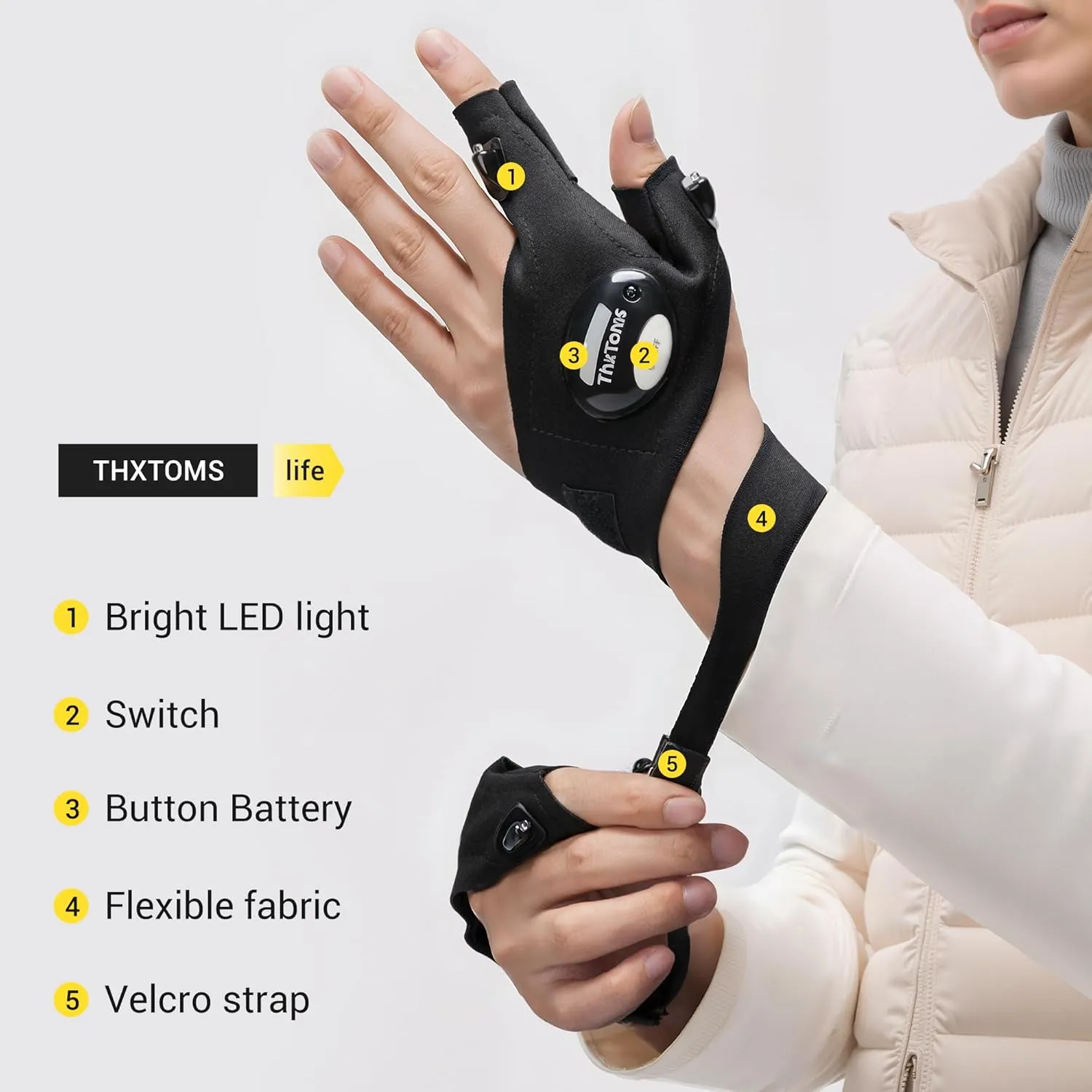 ThxToms LED Flashlight Gloves,Fathers Day Dad Gifts for Men Christmas Birthday Gifts for Dad Him, Mens Gifts from Son Daughter,Cool Gadget Finger Lights for Fishing,Repairing Camping, 1 Pair Black
