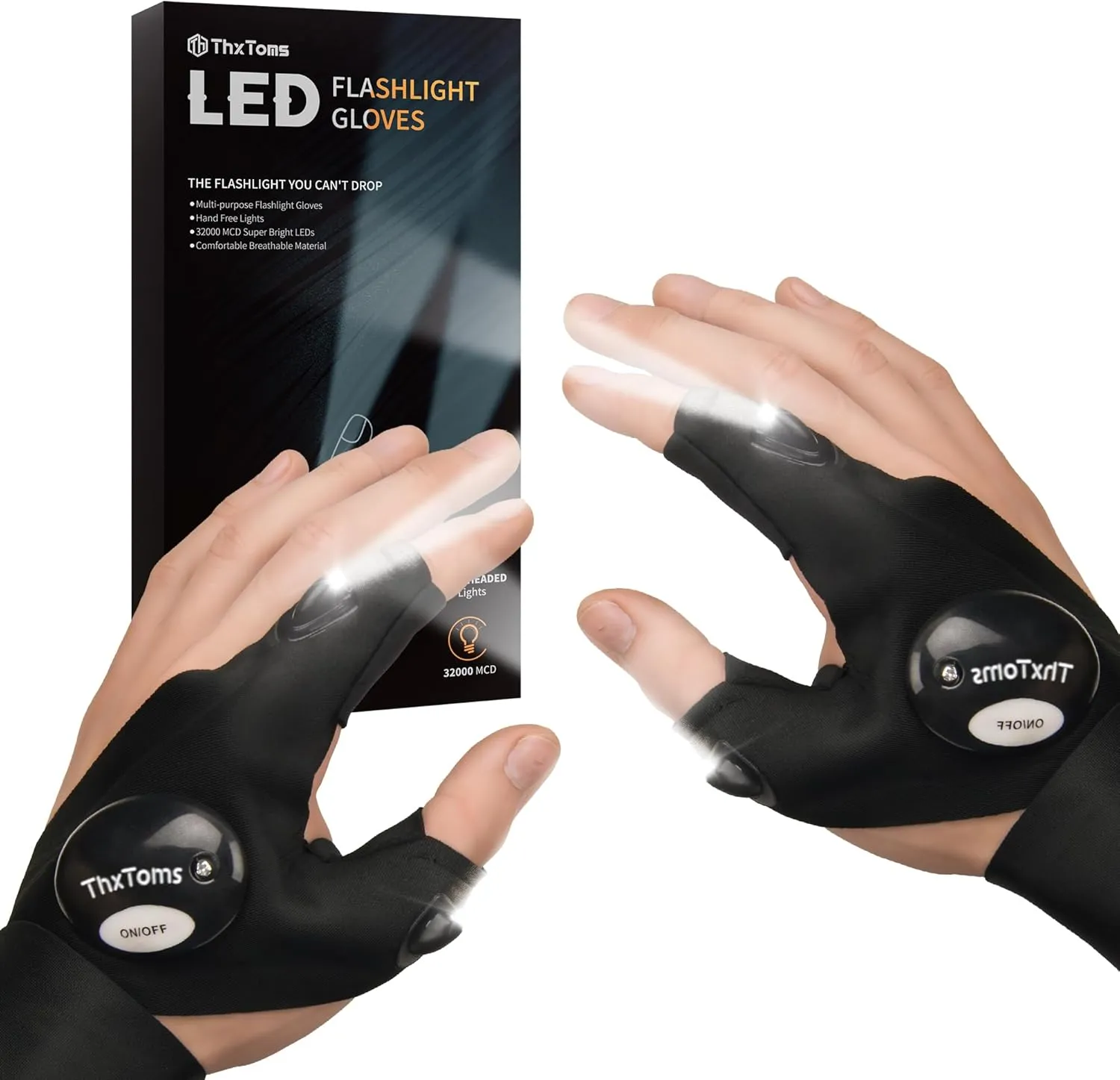 ThxToms LED Flashlight Gloves,Fathers Day Dad Gifts for Men Christmas Birthday Gifts for Dad Him, Mens Gifts from Son Daughter,Cool Gadget Finger Lights for Fishing,Repairing Camping, 1 Pair Black