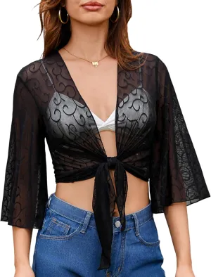 Totatuit Womens Sheer Shrug Tie Front Bell Sleeve Summer Cropped Bolero Cardigan