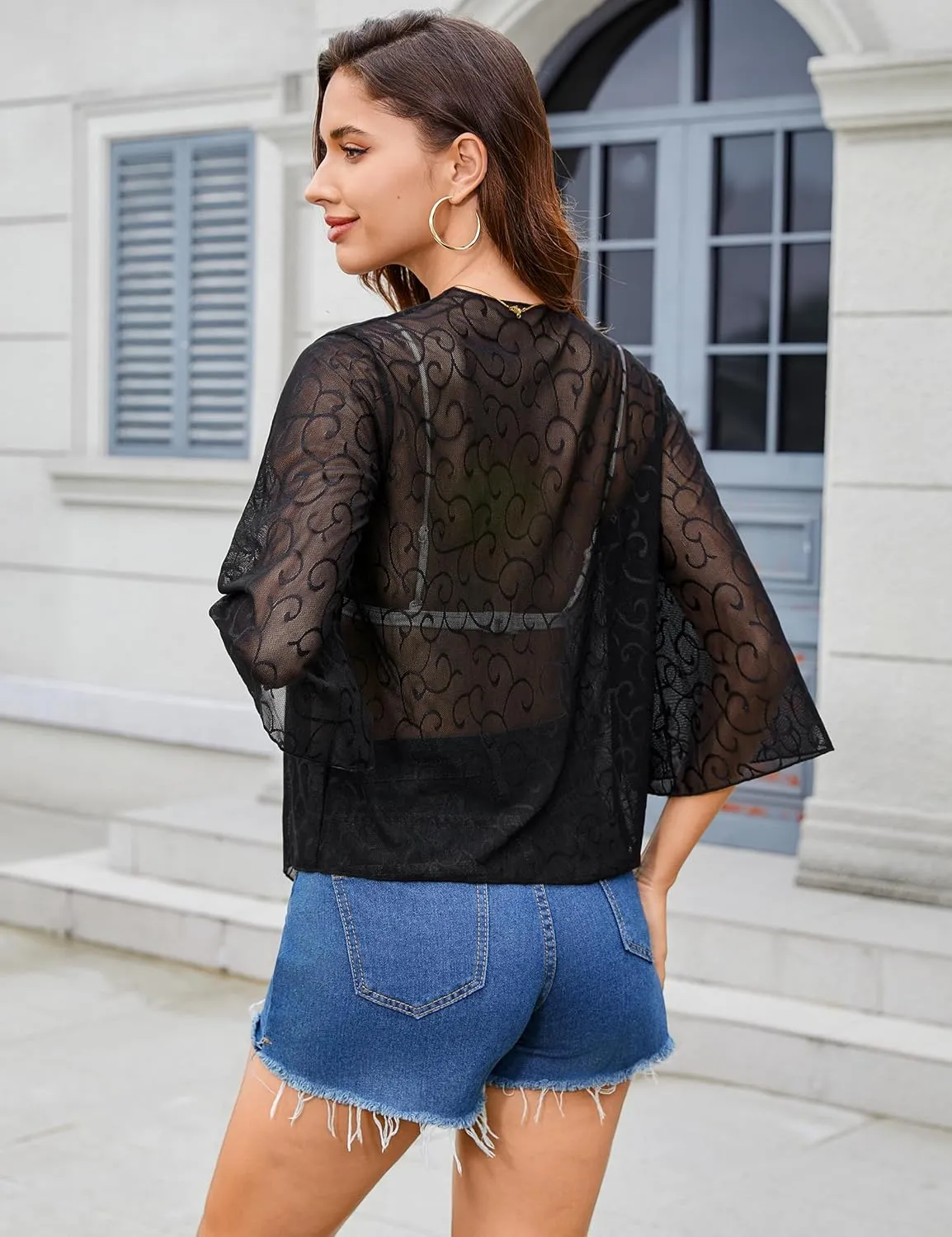 Totatuit Womens Sheer Shrug Tie Front Bell Sleeve Summer Cropped Bolero Cardigan