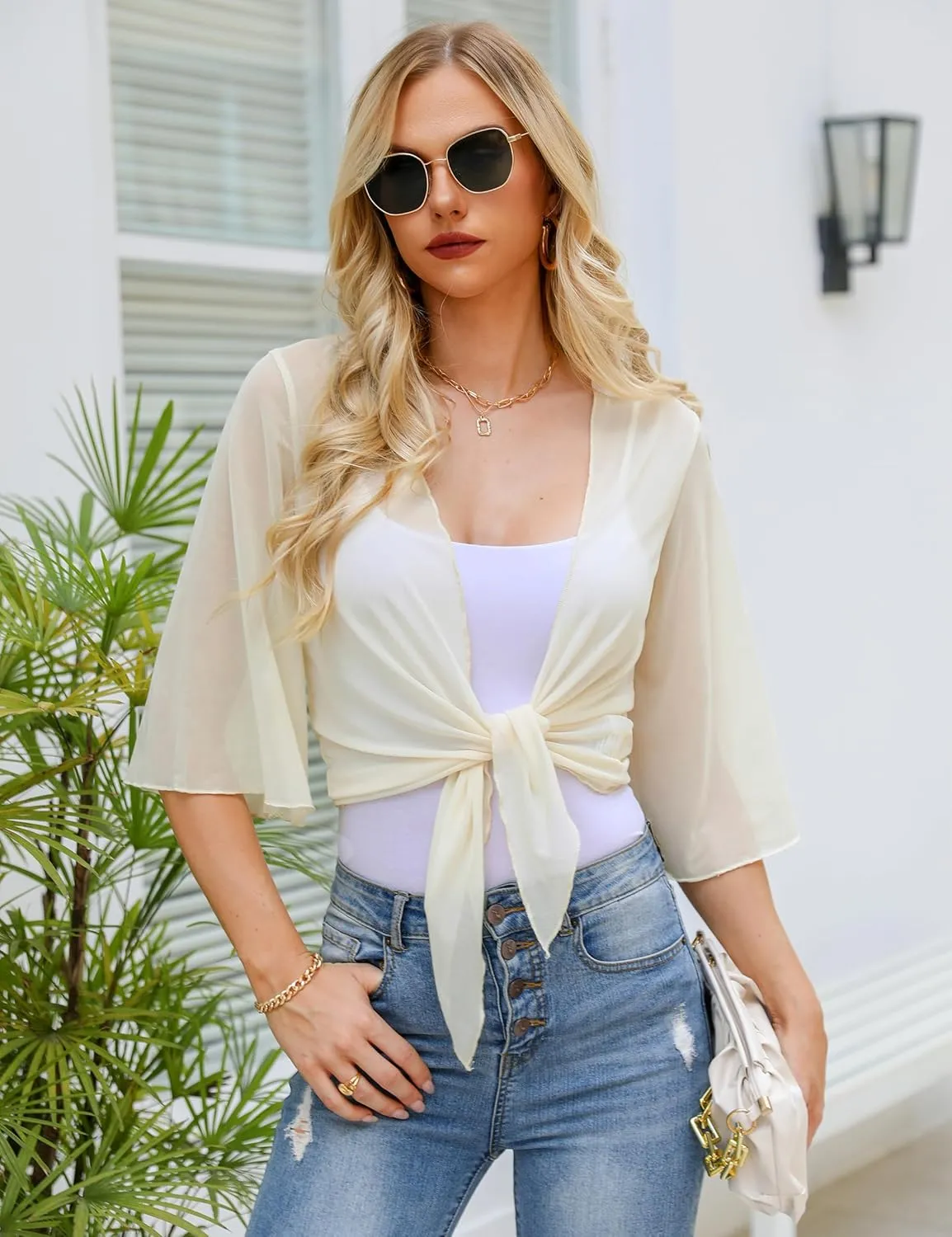 Totatuit Womens Sheer Shrug Tie Front Bell Sleeve Summer Cropped Bolero Cardigan