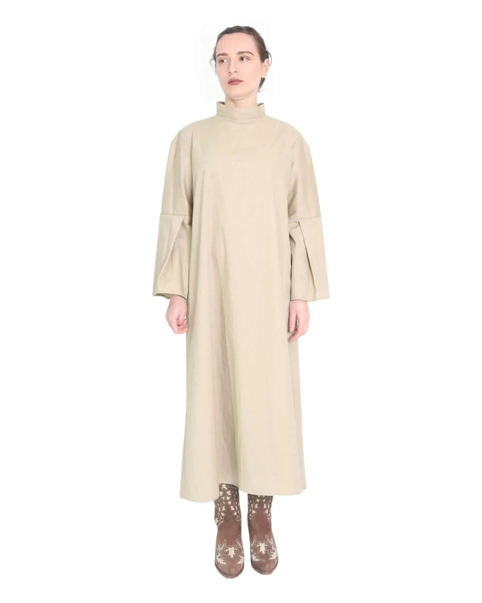 Trapeze Midi Dress with Stand Collar
