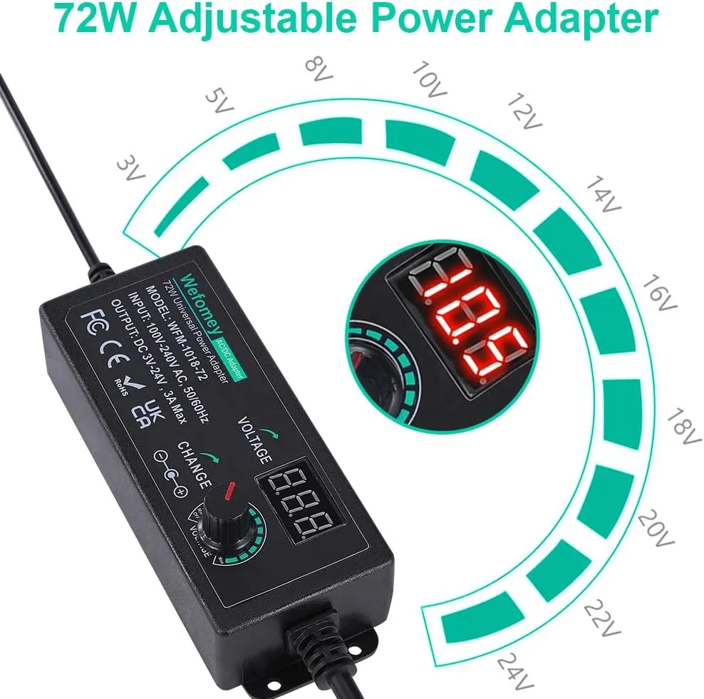 Universal Power Supply 3V~24V 3A 72W Adjustable Variable AC/DC Adapter Charger, 100V-240V AC to DC Converter with LED Voltage Display & 14 Tips & Polarity Converter & Test Lead