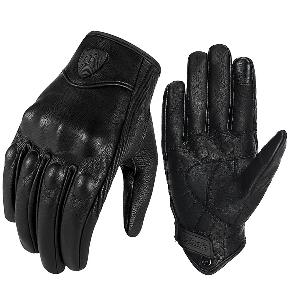Vintage Black Leather Motorcycle Gloves | Breathable Anti-Slip Racing Gloves for Men