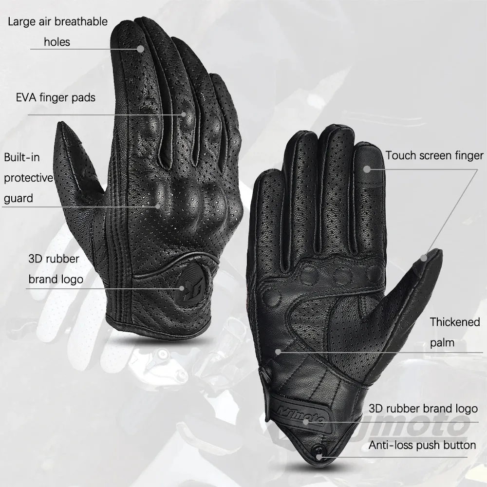 Vintage Black Leather Motorcycle Gloves | Breathable Anti-Slip Racing Gloves for Men