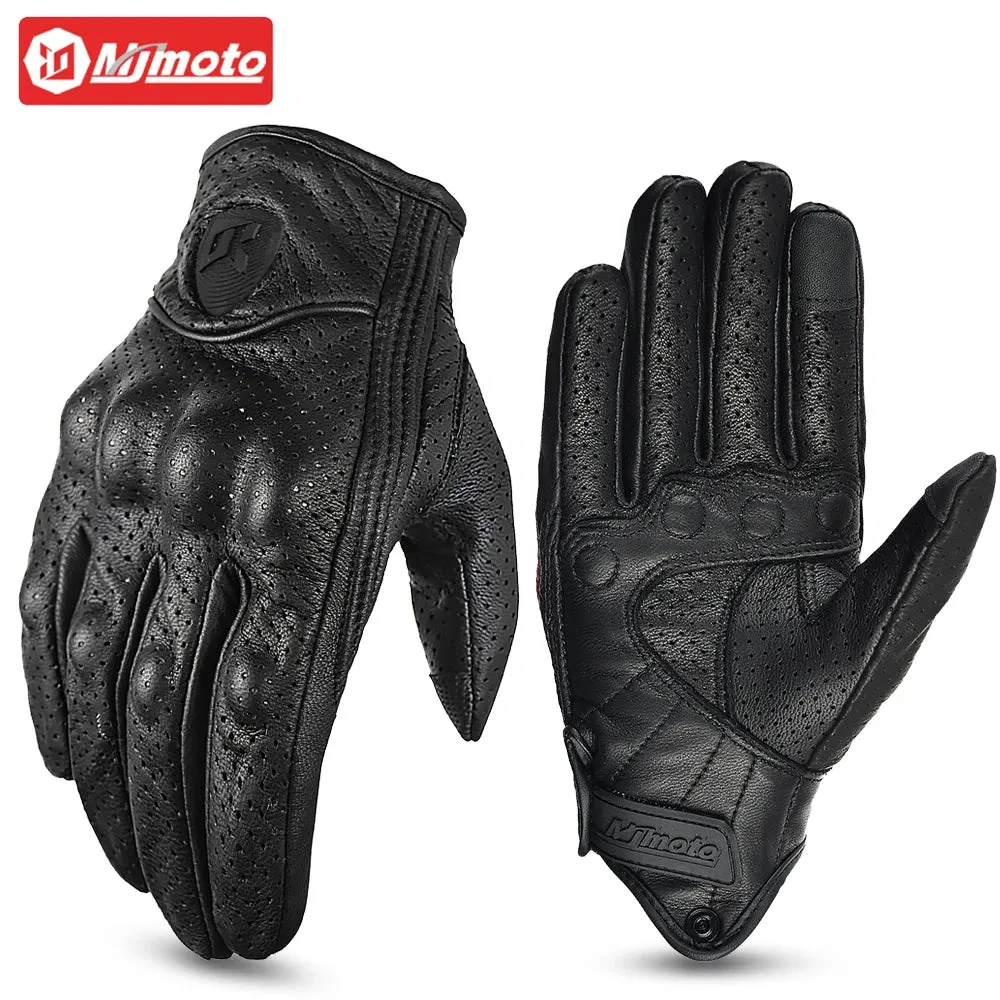 Vintage Black Leather Motorcycle Gloves | Breathable Anti-Slip Racing Gloves for Men