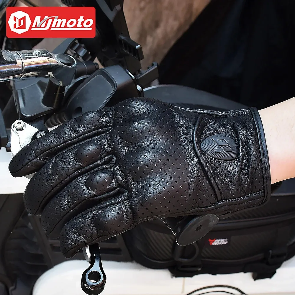 Vintage Black Leather Motorcycle Gloves | Breathable Anti-Slip Racing Gloves for Men