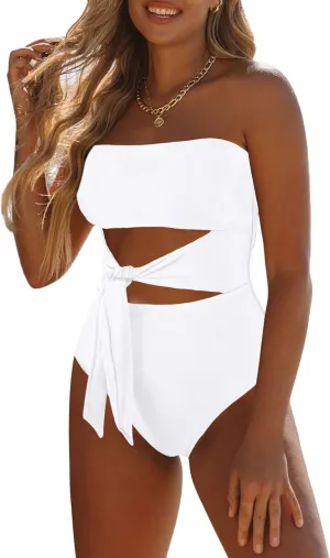 Viottiset Women's Bandeau One Piece Swimsuit Strapless Tie High Cut Out Bathing Suit