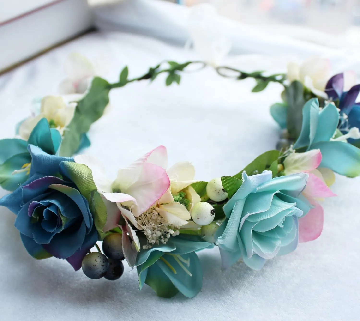 Vivivalue Fairy Flower Crown Floral Headband Even Headpiece Woodland Forest Elf Circlet for Women Girls Wedding Bridal Halloween Cosplay Photo Shoot Accessory Blue