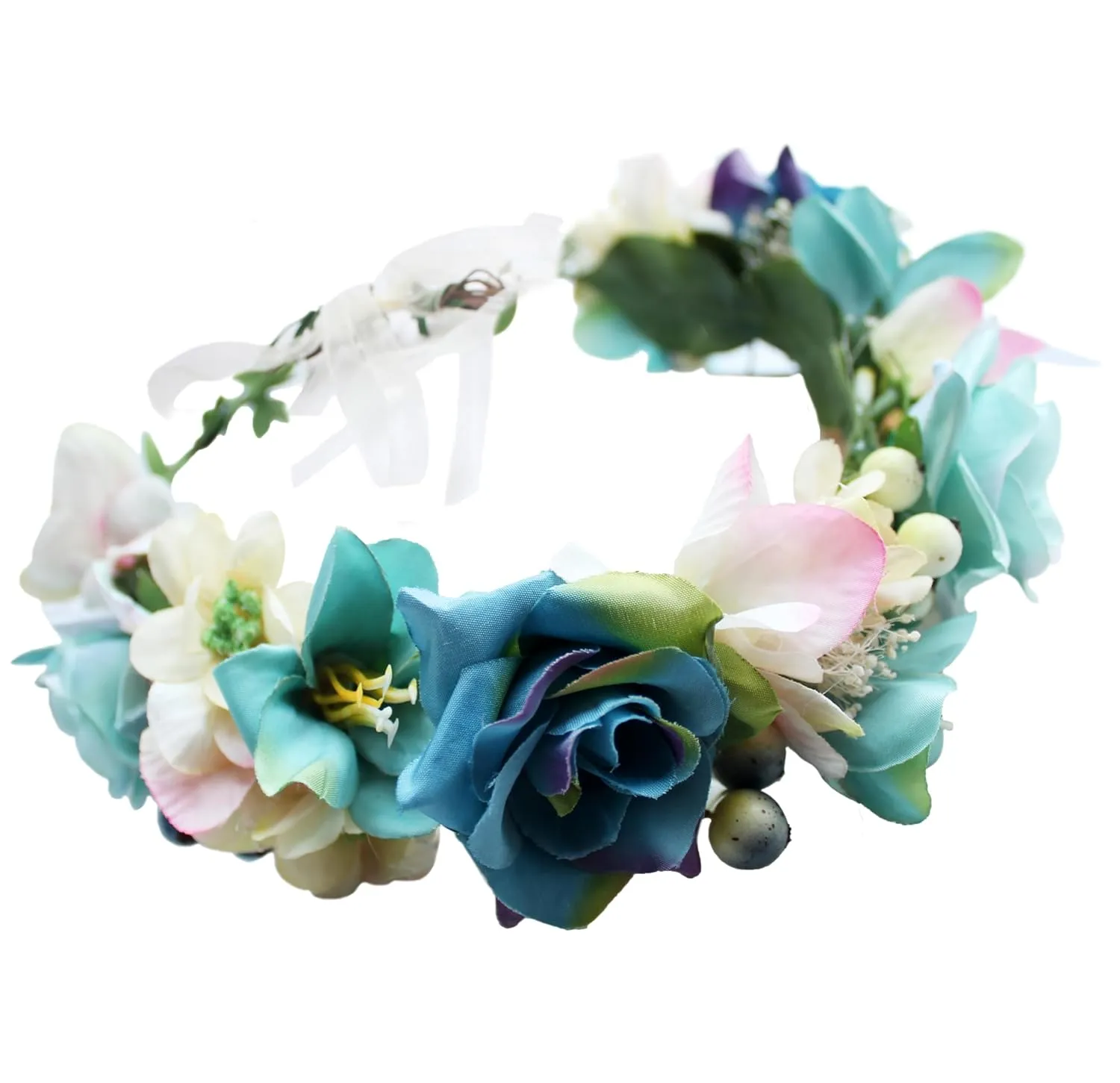 Vivivalue Fairy Flower Crown Floral Headband Even Headpiece Woodland Forest Elf Circlet for Women Girls Wedding Bridal Halloween Cosplay Photo Shoot Accessory Blue