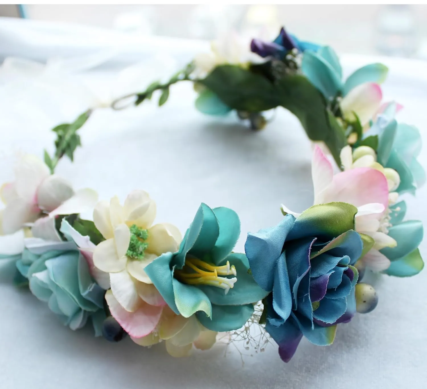 Vivivalue Fairy Flower Crown Floral Headband Even Headpiece Woodland Forest Elf Circlet for Women Girls Wedding Bridal Halloween Cosplay Photo Shoot Accessory Blue