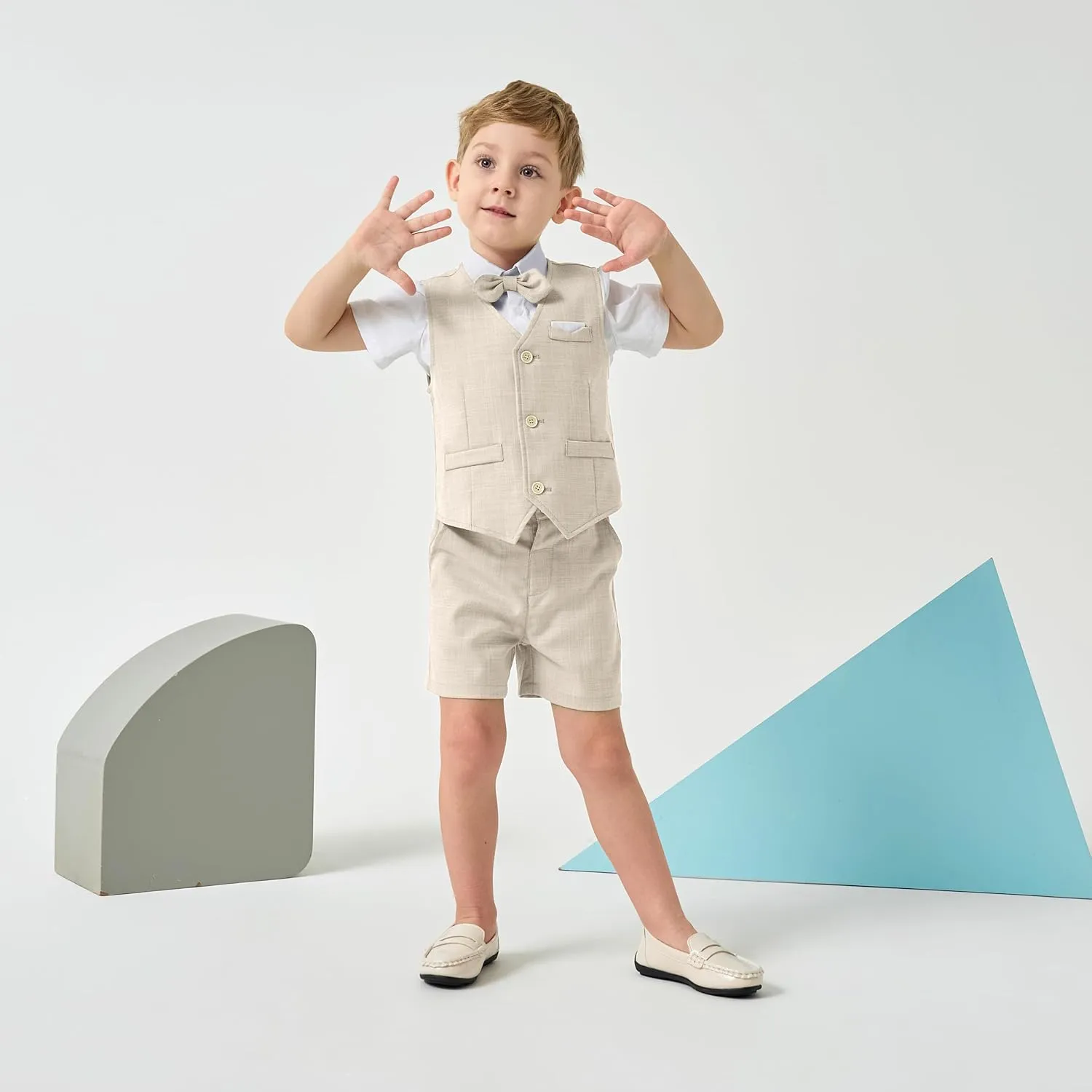 Volunboy Baby Boys Summer Suits Short Sleeve Wedding Ring Bearer Outfits 4Pcs Graduation Dress Vest Shirt Bowtie Shorts Set