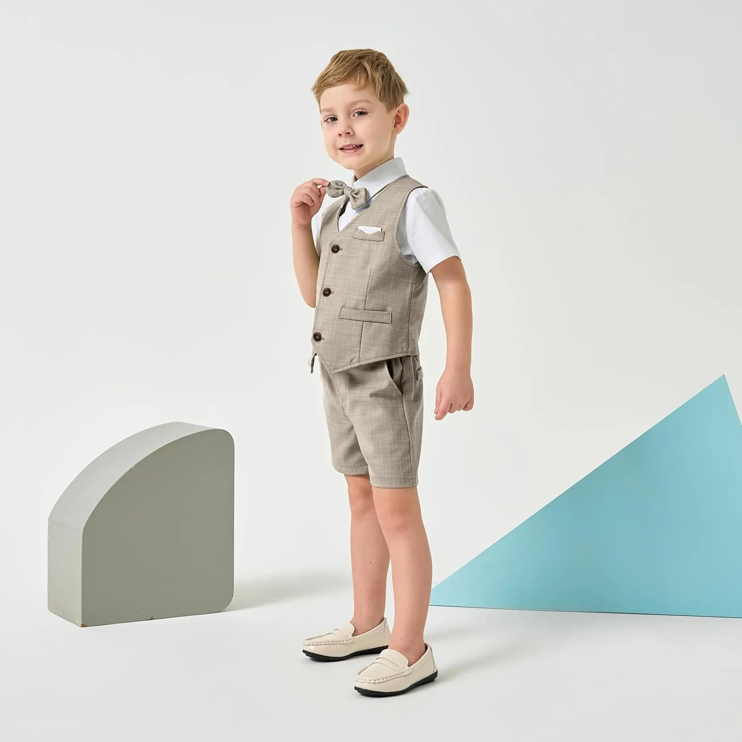 Volunboy Baby Boys Summer Suits Short Sleeve Wedding Ring Bearer Outfits 4Pcs Graduation Dress Vest Shirt Bowtie Shorts Set