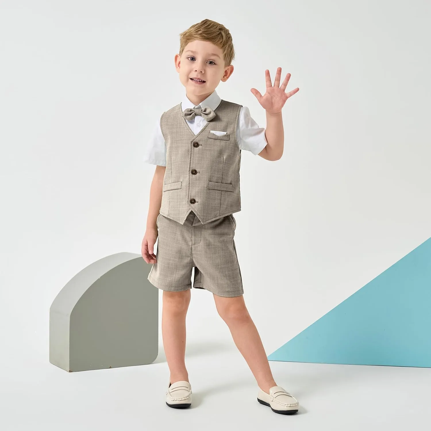 Volunboy Baby Boys Summer Suits Short Sleeve Wedding Ring Bearer Outfits 4Pcs Graduation Dress Vest Shirt Bowtie Shorts Set