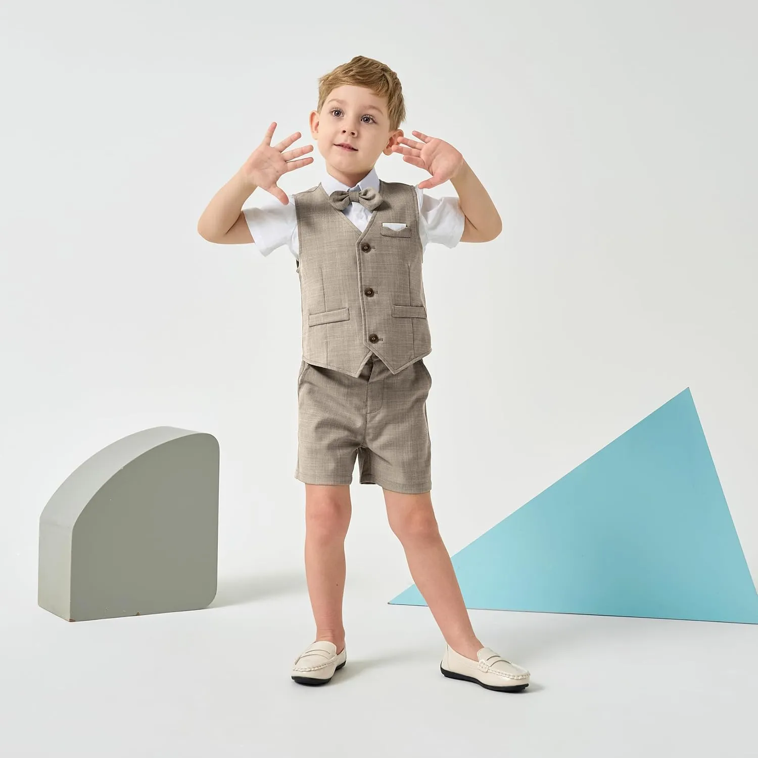 Volunboy Baby Boys Summer Suits Short Sleeve Wedding Ring Bearer Outfits 4Pcs Graduation Dress Vest Shirt Bowtie Shorts Set