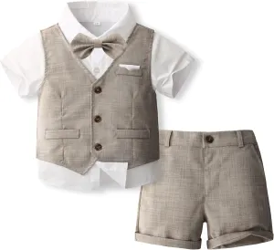 Volunboy Baby Boys Summer Suits Short Sleeve Wedding Ring Bearer Outfits 4Pcs Graduation Dress Vest Shirt Bowtie Shorts Set