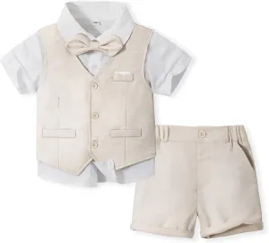 Volunboy Baby Boys Summer Suits Short Sleeve Wedding Ring Bearer Outfits 4Pcs Graduation Dress Vest Shirt Bowtie Shorts Set