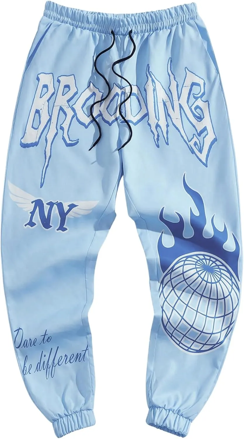 WDIRARA Men's Floral Letter Graphic Print Drawstring Waist Tie Front Sweatpants
