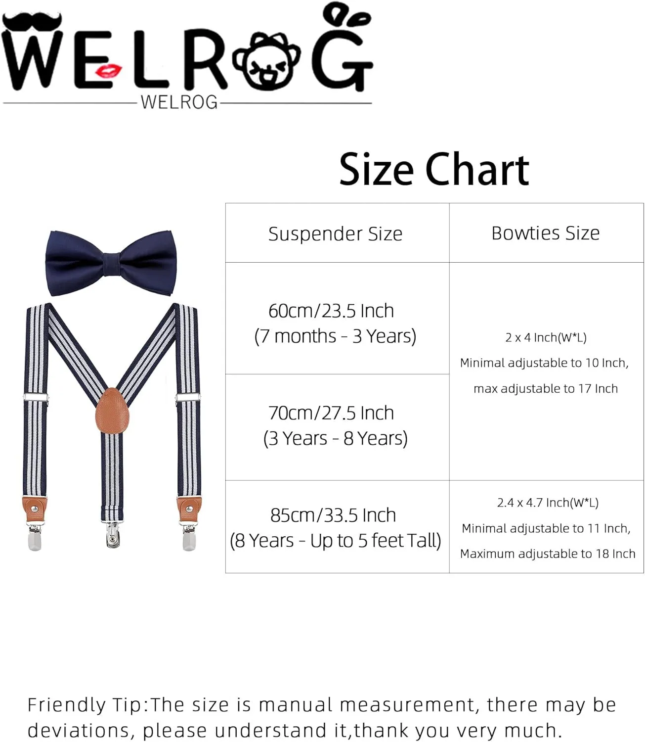 WELROG Child Kids Suspender Bowtie Sets - Y Shape Adjustable Suspender with Silk Bowties Gift Idea for Boys and Girls