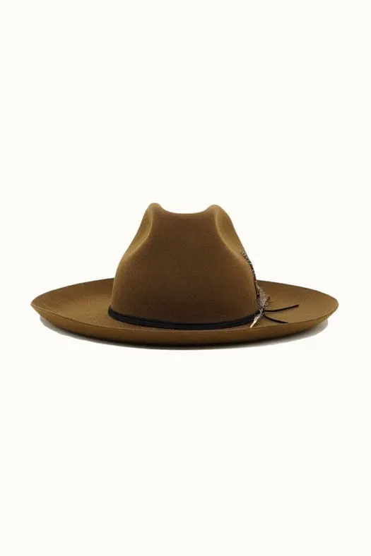 Western Cowboy Hat, 100% Wool Felt, Feather Trim, Cognac