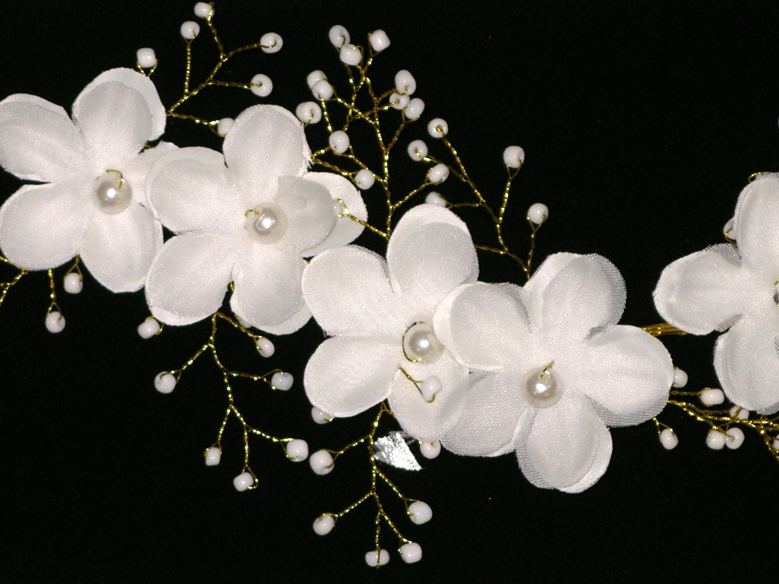 White & Gold Flower Crown Pearl Beaded Wedding Head Wreath With Satin Ribbon Ties Great For Festivals Too