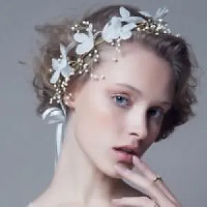 White & Gold Flower Crown Pearl Beaded Wedding Head Wreath With Satin Ribbon Ties Great For Festivals Too