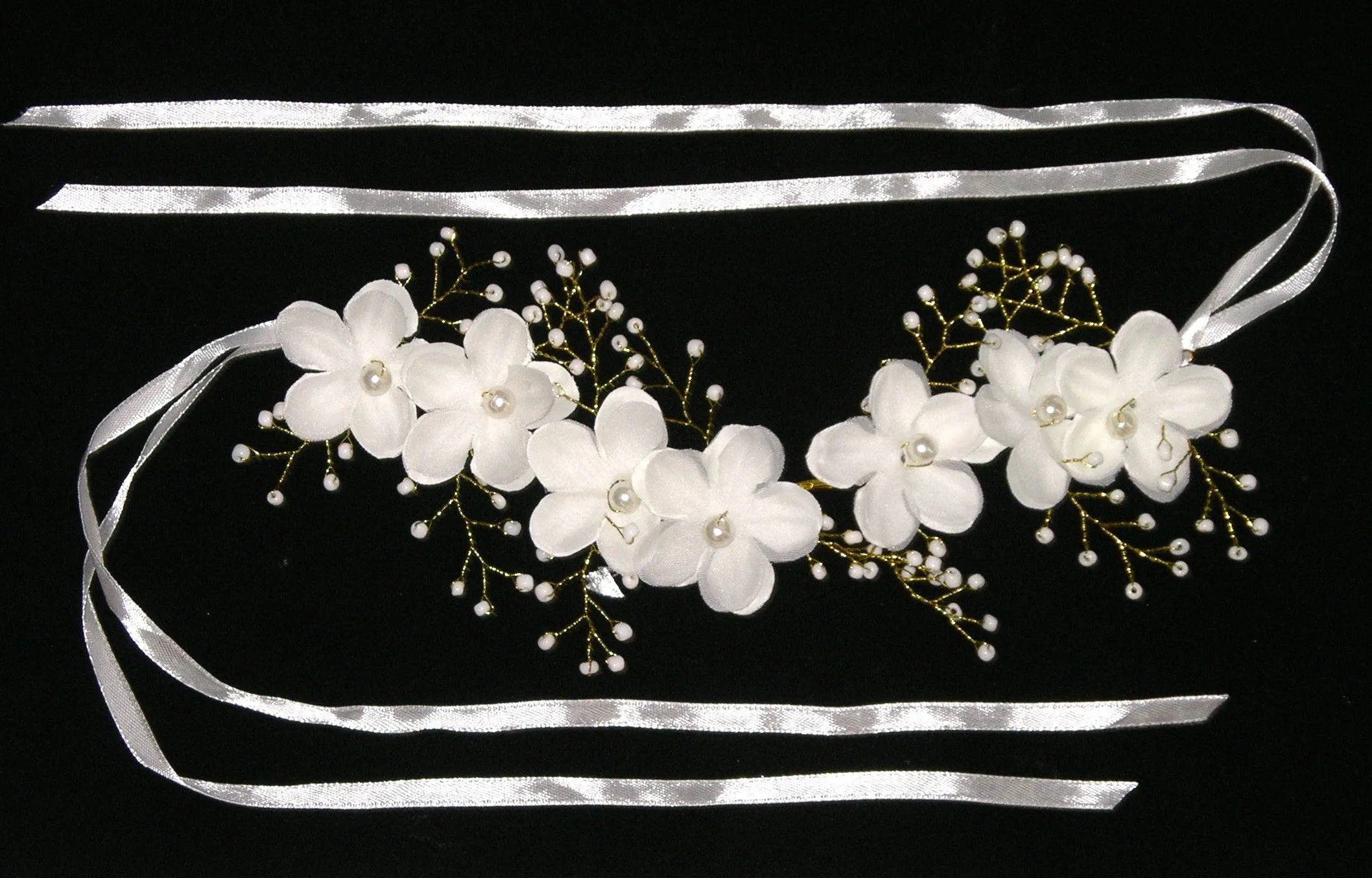 White & Gold Flower Crown Pearl Beaded Wedding Head Wreath With Satin Ribbon Ties Great For Festivals Too