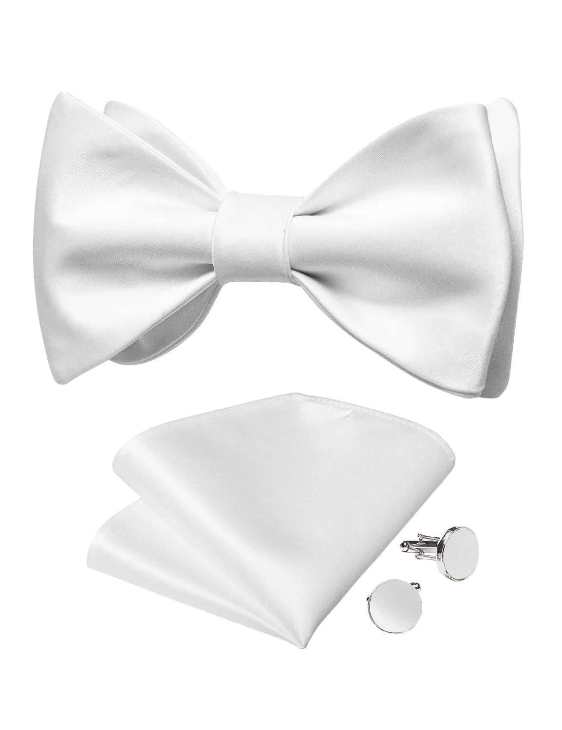 White Solid Silk Bowtie Pocket Square Cufflinks Set