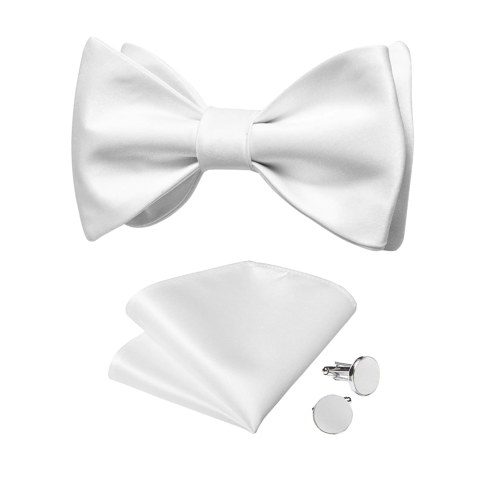 White Solid Silk Bowtie Pocket Square Cufflinks Set