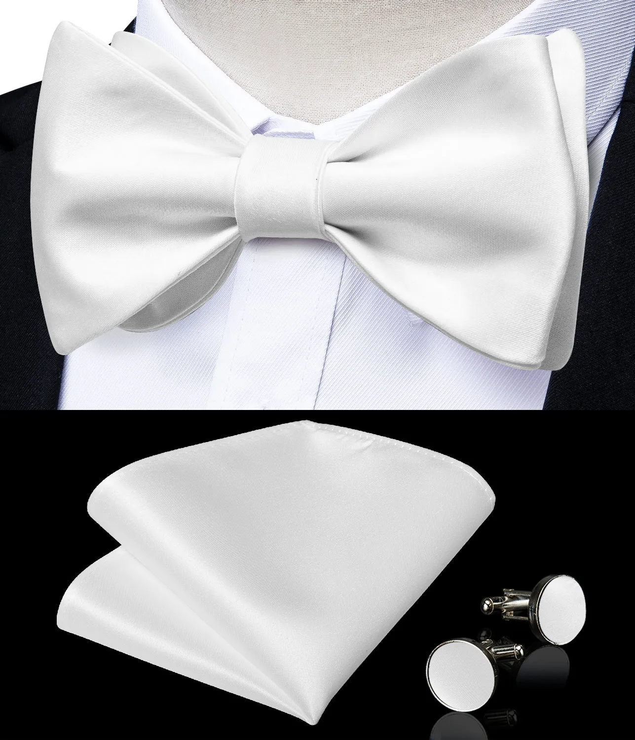 White Solid Silk Bowtie Pocket Square Cufflinks Set