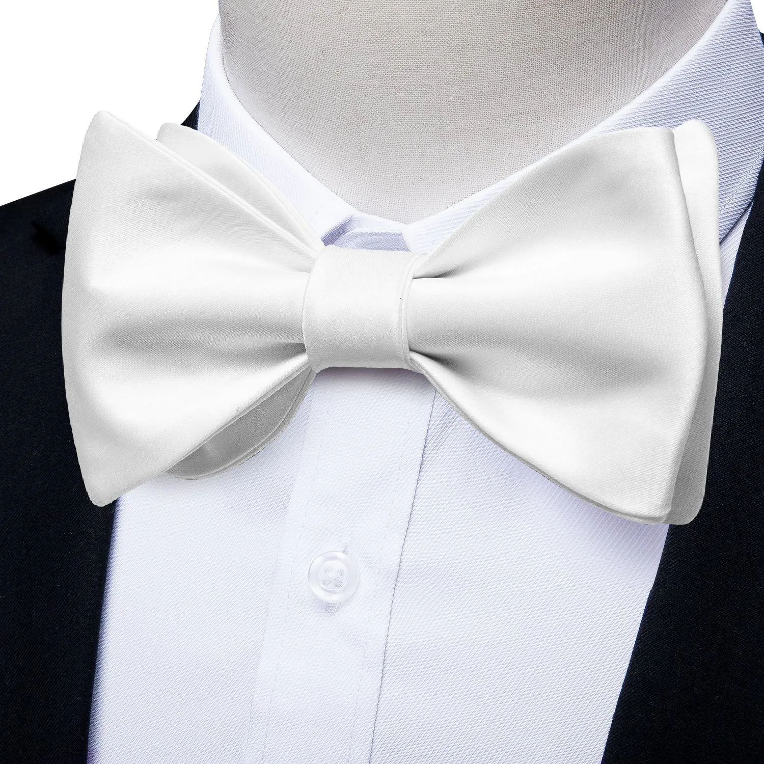 White Solid Silk Bowtie Pocket Square Cufflinks Set