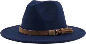 Women Men Fedora Hat with Leather Ribbon Gentleman Wide Brim Jazz Church Panama Sombrero Cap Navy Child 52-54CM, Small
