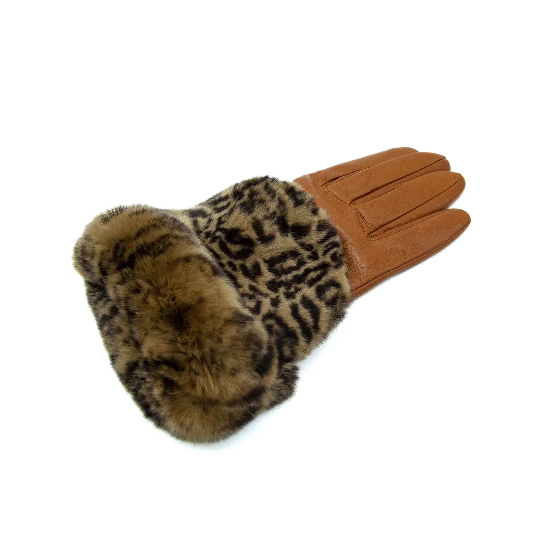 Women's camel nappa leather gloves with a printed leo wide real fur panel on the top and cashmere lined