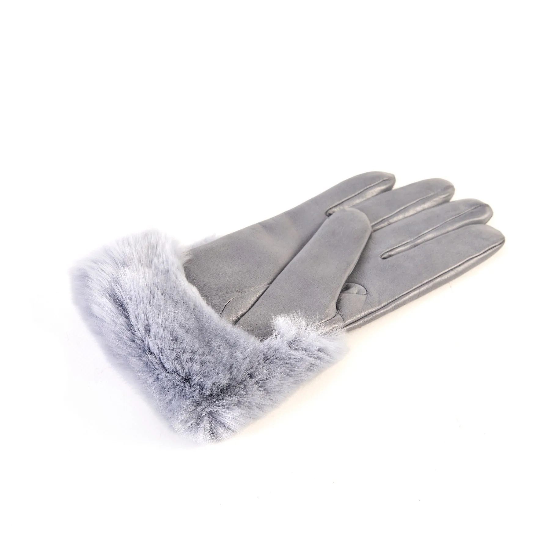 Women's grey nappa leather gloves with a wide real fur panel on the top and cashmere lined