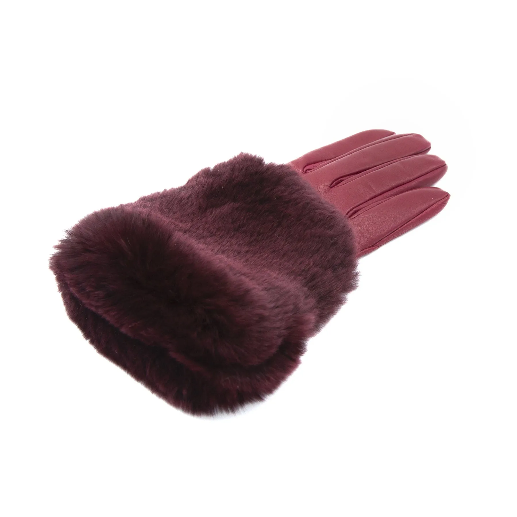 Women's rum nappa leather gloves with a wide real fur panel on the top and cashmere lined