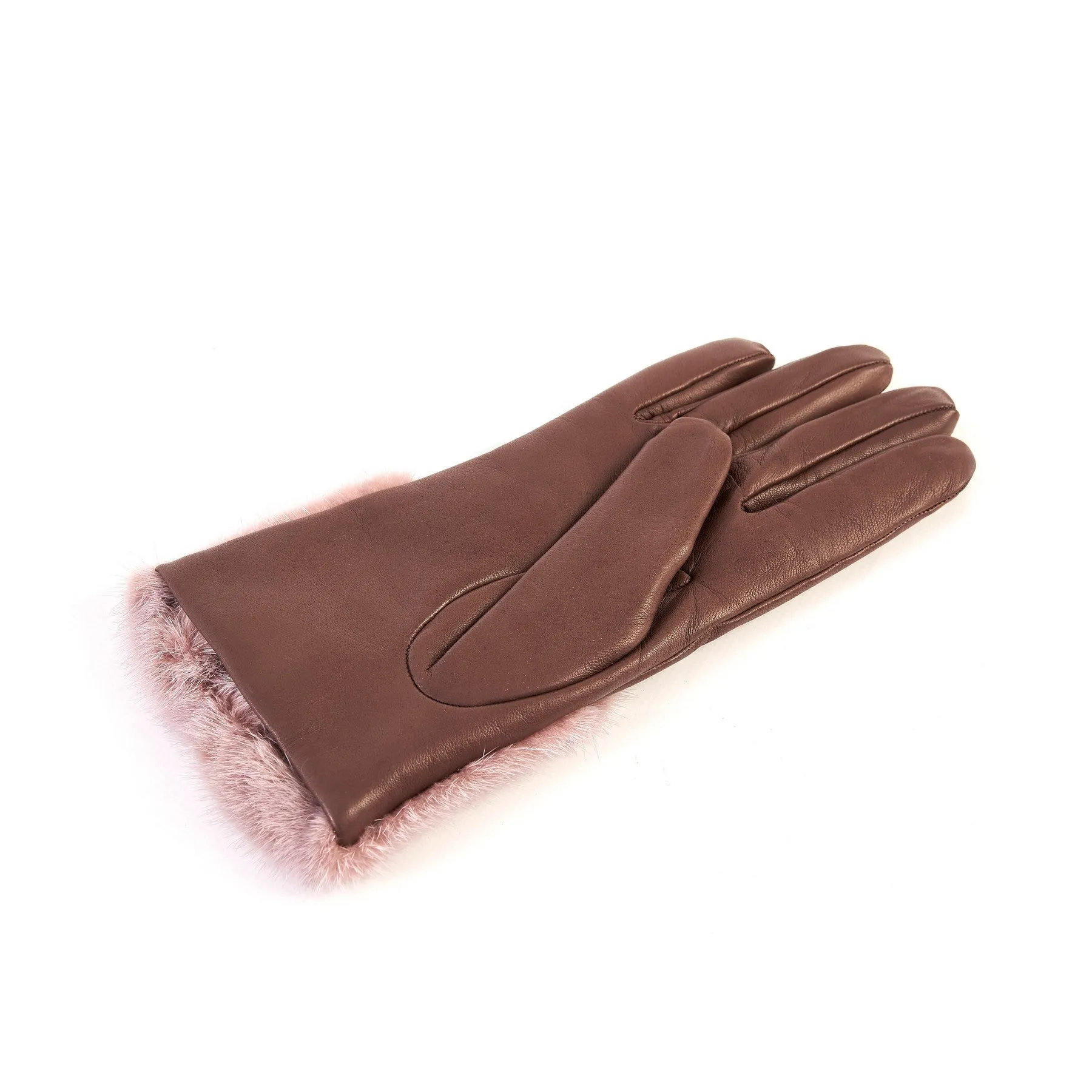 Women's tan nappa leather gloves with a wide real fur panel on the top and cashmere lined