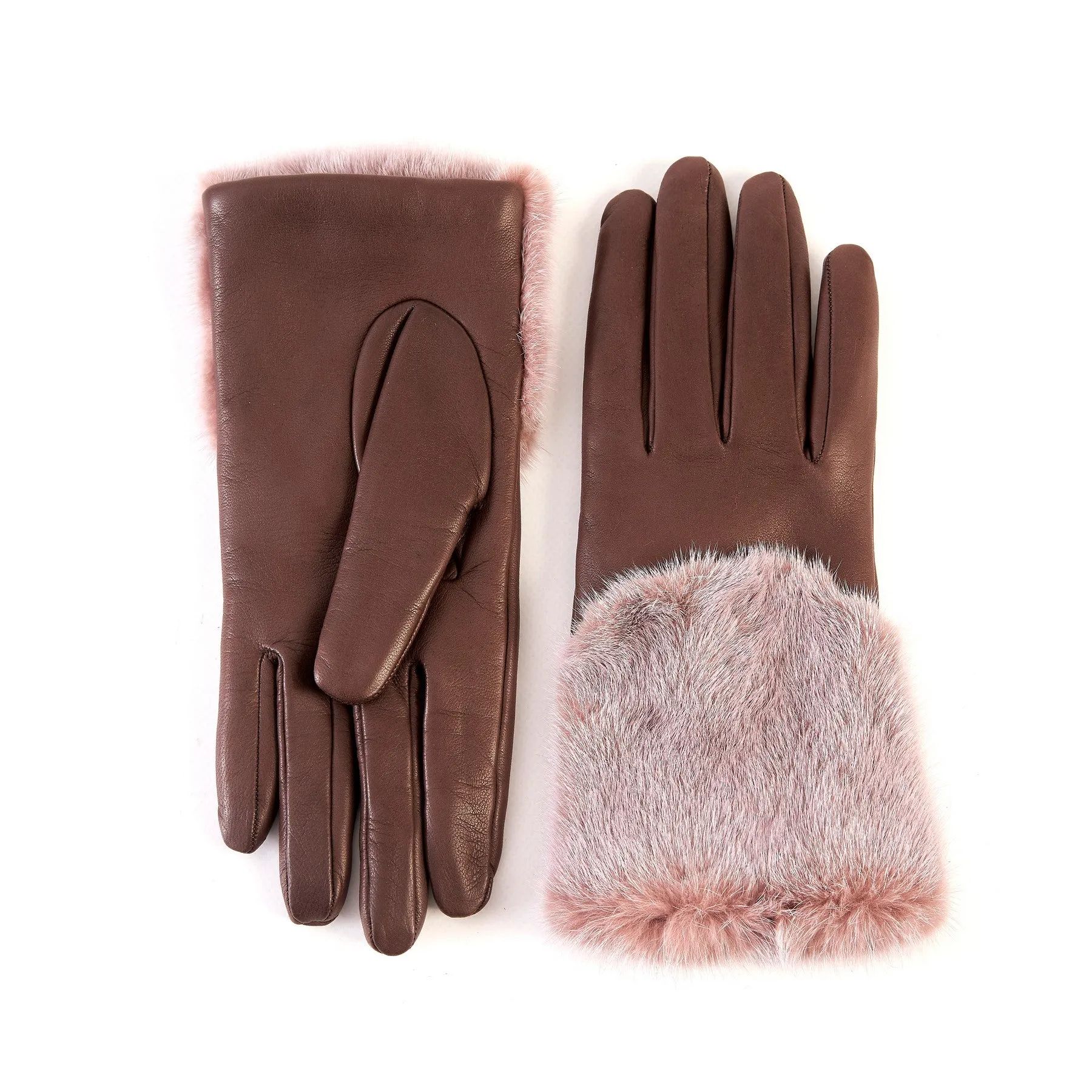 Women's tan nappa leather gloves with a wide real fur panel on the top and cashmere lined