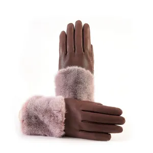 Women's tan nappa leather gloves with a wide real fur panel on the top and cashmere lined